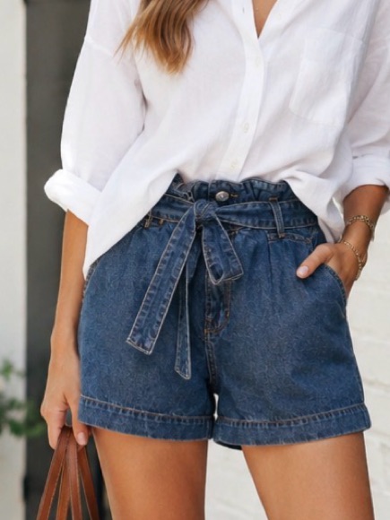 Veronica Beard High-Waist Tie Front Denim Shorts - Blue